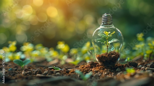 Green plant sprouts inside a light bulb with soil
