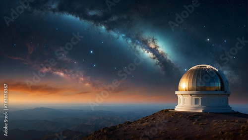 Photoreal as Stargazers Summit Concept As A lone observatory atop a peak surrounded by a sky bursting with nebulae and star clusters, Full depth of field, clean light, high quality