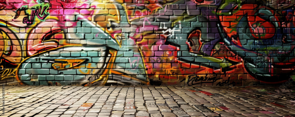 Colorful abstract graffiti adorns a brick wall, creating a vibrant and dynamic background. - obrazy, fototapety, plakaty 