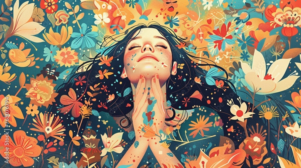 Illustrate the pure bliss of happiness with intricate details and flat