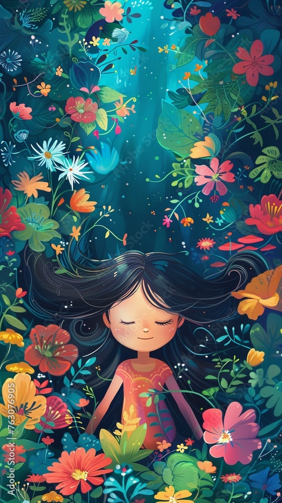 Immerse yourself in a fantastical world where happiness blooms in unexpected places, portrayed through a whimsical 2D artwork featuring a joyful girl