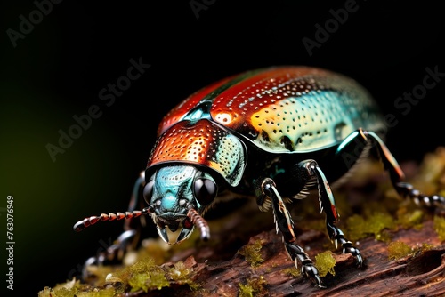 A vibrant beetle with multiple colors is sitting on top of a piece of wood. The bug appears to be stationary, showcasing its intricate features under natural light © Vit
