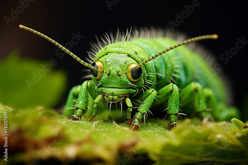 Close up view of a vibrant green caterpillar consuming a leaf in its natural habitat. The insects intricate body structure and leafs texture are clearly visible © Vit