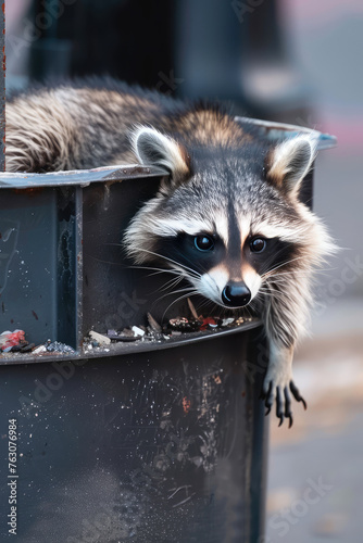 Urban Raccoon Scavenging in Trash Can. Raccoon going through garbage and looking for food in trash bin on city street.