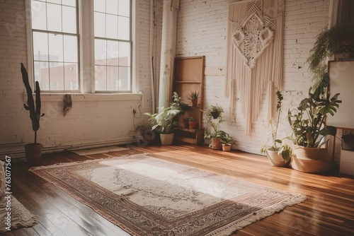 A sun-drenched living room with macram?(C) wall hangings, layered rugs, and lush indoor plants.