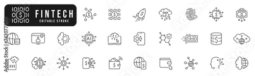 Set of fintech related line icons. Cloud, money, dollar, computer, finance, wallet etc. Editable stroke