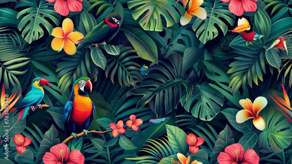 Seamless pattern tropical rainforests with colourful birds and flowers Seamless pattern tropical rainforests with colourful birds and flowers