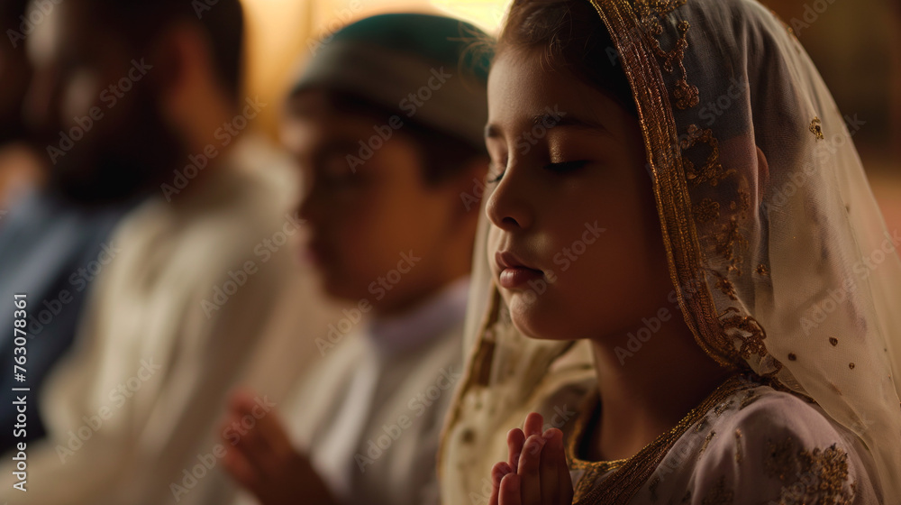 A portrait of a  Young Girl and Her Family United in Prayer at the Mosque, Illuminated by the Serene Light of Faith