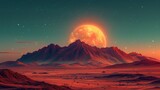 Located on the red desert surface of Mars is a mountain range, craters, Saturn and stars shining on the green sky, creating a beautiful martian setting for a computer game. Cartoon illustration of a