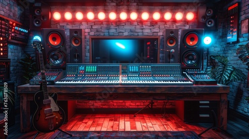 The control room and singer booth in this music studio are behind glass. Modern cartoon interior with sound recording equipment, guitar and synthesizer, audio mixer, and microphone. Professional photo