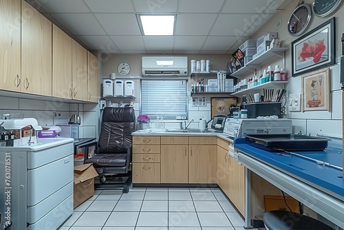 The sterile interior of a cosmetic studio with organized equipment and supplies professional photography