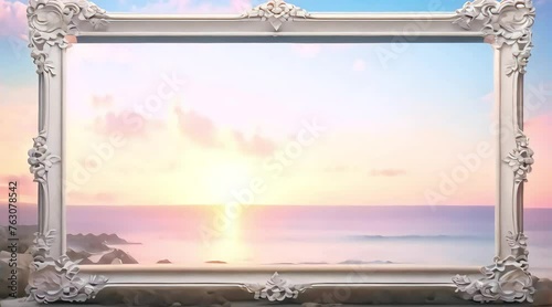 An empty frame on a wall with a mural of a serene beach at sunset.