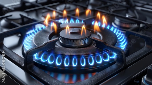 Modern realistic mockup of burning propane butane in an oven for cooking with blue flame on transparent background.