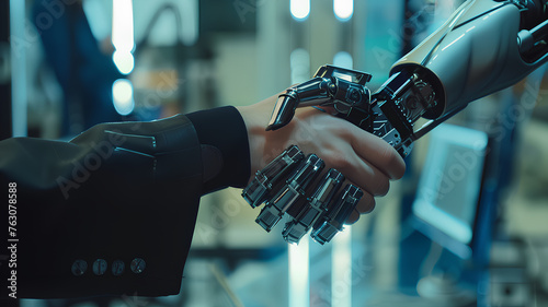 A robot hand shakes a human hand. The robot is made of metal and has a human-like appearance. The scene is set in a futuristic environment, with a computer monitor in the background