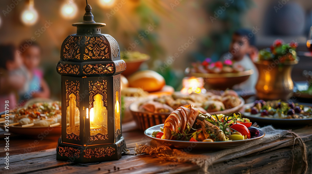The image is of an Iftar table set with a plate of delicious food ready to eat. The table is indoors and includes a candle, bottle, and various dishes.