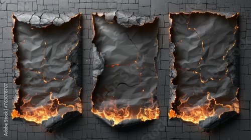 Burnt edges of paper with fire and black ash. Modern realistic set of borders and frames derived from scorched and smoldering paper. photo