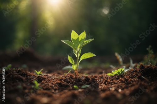 Young plants grow in the ground with sunlight. agriculture, farming and harvesting concept