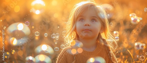 A happy carefree childhood for a five-year-old Caucasian child blowing bubbles outside at sunset
