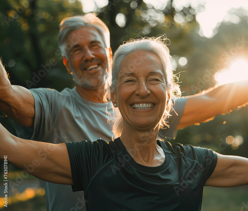 Happy senior woman stretching her arms while doing sport in the park with her husband, close up of arm and smiling face