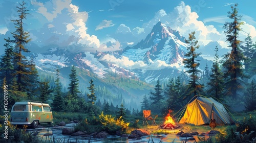 Wallpaper Mural Modern cartoon camp with bonfire, tent, van, backpack, chair, guitar and backpack. Travel, hiking, camping and activity vacation equipment. Torontodigital.ca