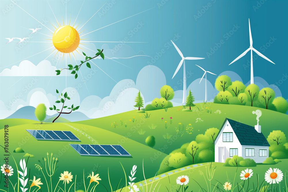 Illustration with summer sunny landscape, houses, windmills and solar panels.