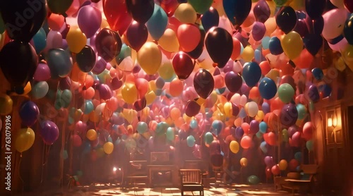 A room filled with vibrant helium balloons, each one carrying a birthday wish, against a backdrop of sparkling decorations.