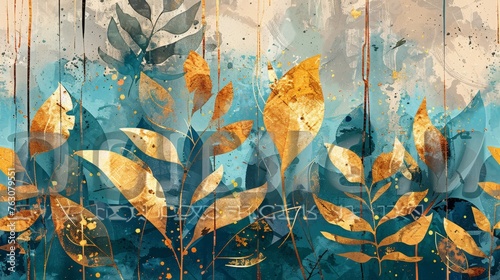 Illustration of modern abstract art, watercolor floral illustration. Golden elements, watercolor painting, textured background. Hand drawn plants, tropical flowers, leaves. Wall murals, posters,