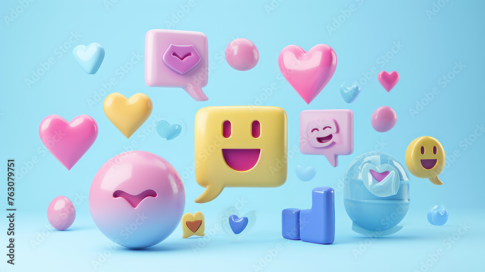 3D Social media platform, online social communication applications concept, emoji, hearts, chat on light blue background 3D Social media platform, online social communication applications concept, emoji, hearts, chat on light blue background
