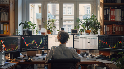Against the backdrop of a bright and comfortable office space, a man sits amidst a cluster of computers, his attention fully captivated by the stock price chart or crypto market di
