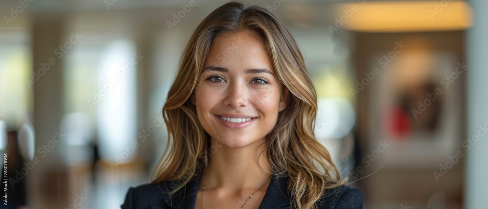 A young latina professional working in a modern office, holding a mobile phone looking at her cell phone with a smile. - obrazy, fototapety, plakaty 