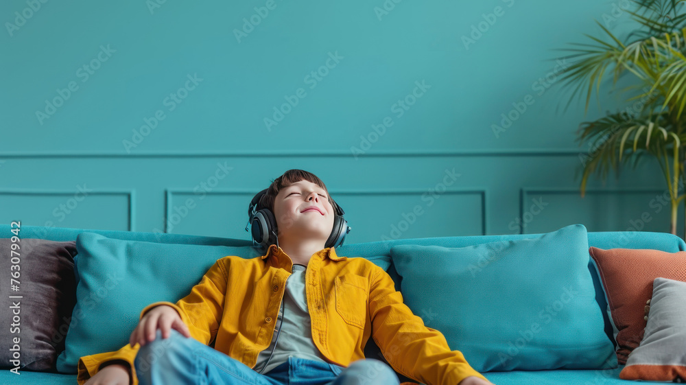Obraz premium a man wearing headset listen to music enjoying , relaxed posture, sitting at a sofa