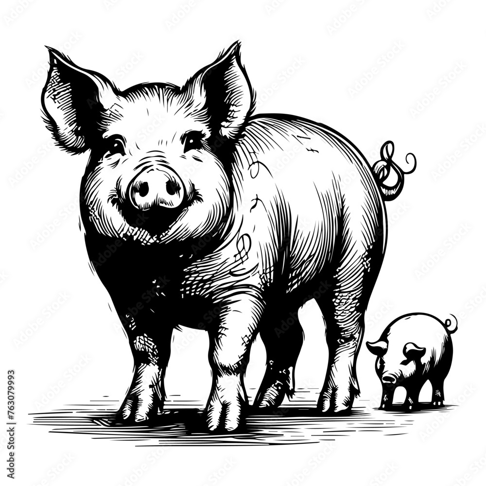 Fototapeta premium hand draw black sketch Big fat pig vector illustration isolated on white background