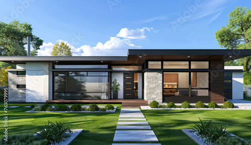 Modern house design with stone exterior and green grass, front view, perspective rendering, clear sky © Kien