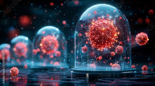 The virus outside the transparent glass dome represents the immune system and protection from viruses. An abstract red virus is underneath the transparent glass dome. Low poly digital style. Blue