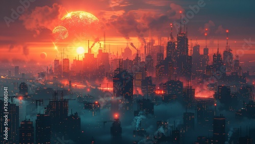 Futuristic cityscape with visible PM 25 pollution layers, neon tech aesthetics, health hazard warning signs