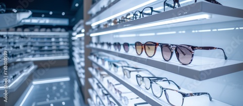 A store with many shelves of eyeglasses. Modern optical shop background, Glasses assortment display