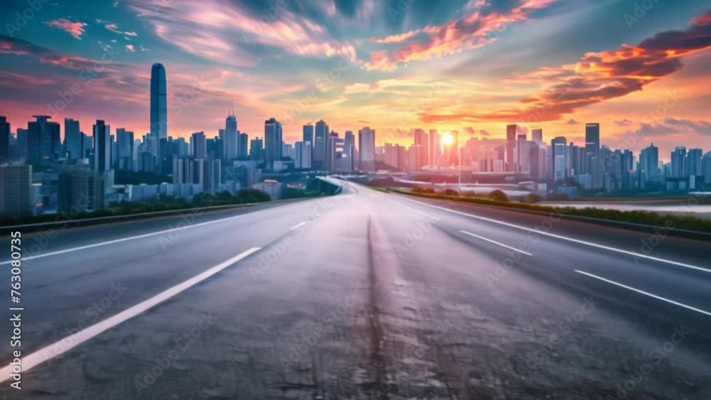 Dramatic orange and purple hues paint the city skyline as the sun dips below the buildings Dramatic orange and purple hues paint the city skyline as the sun dips below the buildings