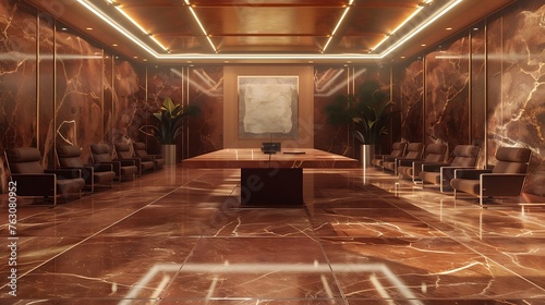 an AI-generated scene depicting a corporate conference room with polished brown marble features and a captivating poster