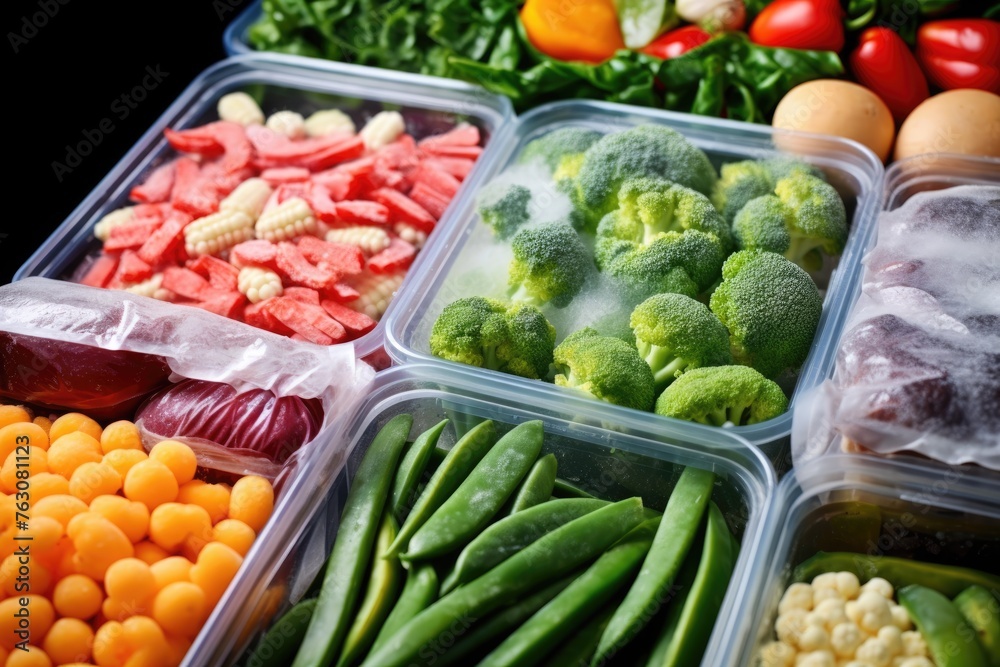 Diverse frozen foods including veggies and meat packed in a home refrigerator. Variety of Frozen Vegetables and Meat in Fridge