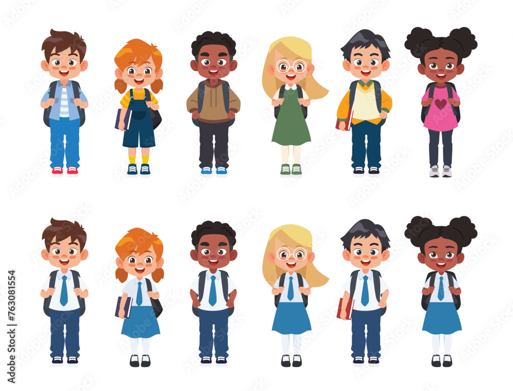 Diverse set of children with backpacks in school uniform and casual clothes. Cute cartoon simple flat vector style. Back to school illustration. Diverse set of children with backpacks in school uniform and casual clothes. Cute cartoon simple flat vector style. Back to school illustration.