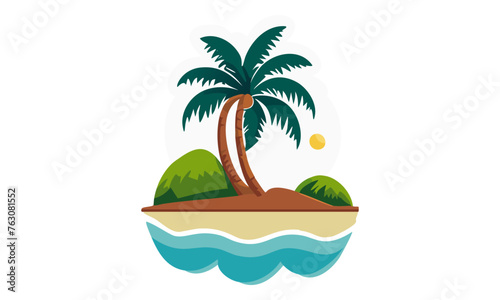 Cute Palm Tree & Island Sun Vector Isolated on White