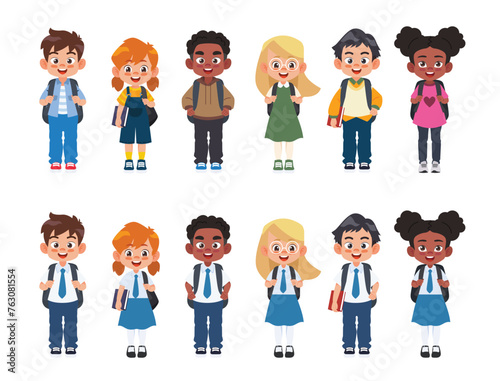 Diverse set of children with backpacks in school uniform and casual clothes. Cute cartoon simple flat vector style. Back to school illustration.