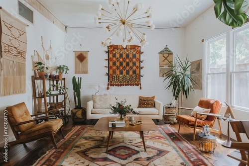Mid-century modern meets boho with a statement chandelier, sleek furniture, and geometric patterns.
