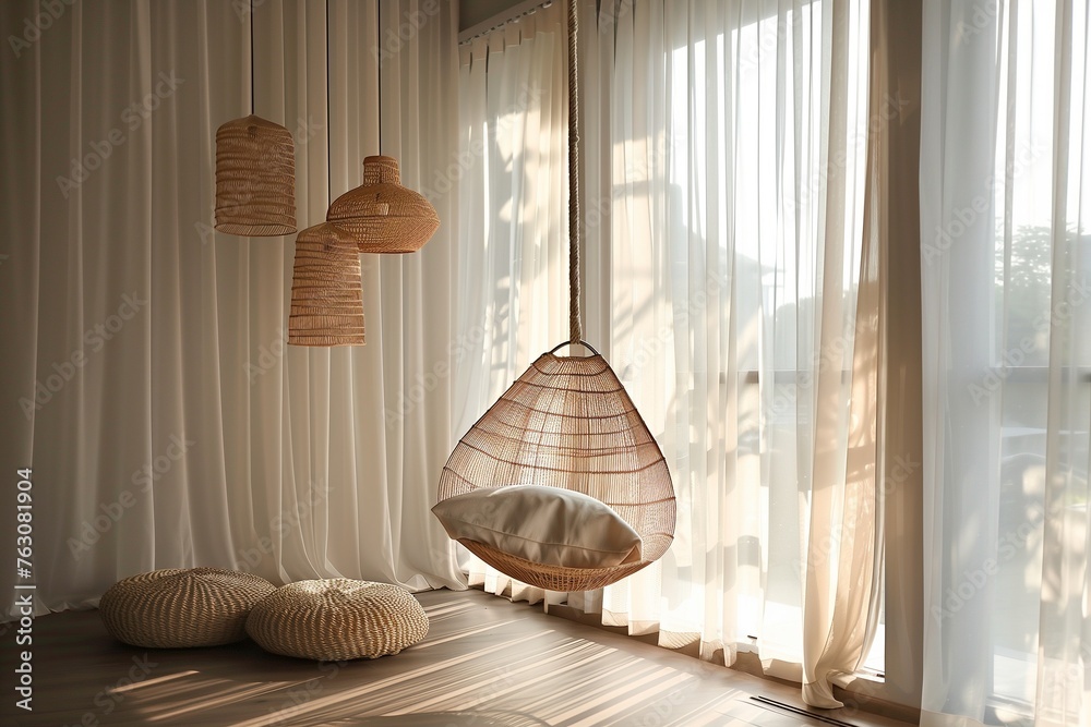 Natural light flooding through sheer curtains, highlighting a hanging swing chair and woven pendant lights. - obrazy, fototapety, plakaty 