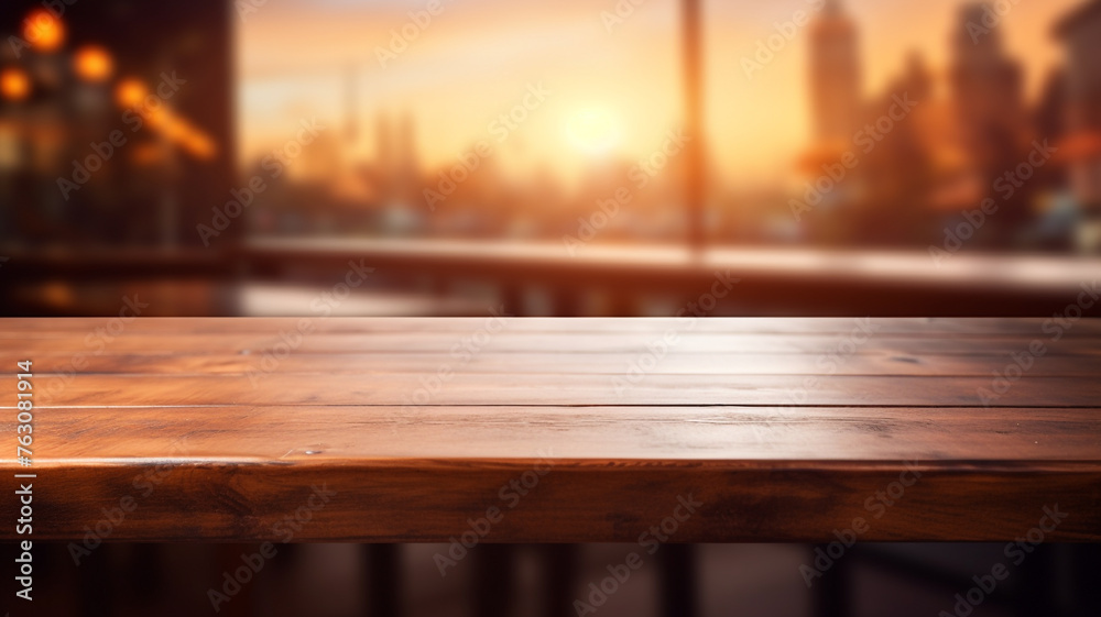 empty wooden table with blurred restaurant background empty wooden table with blurred restaurant background
