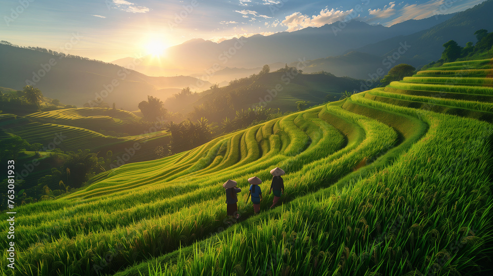 The Farmer planting on the organic paddy rice farmland. Farmers grow rice in the rainy season. They were soaked with water and mud to be prepared for planting. Rice is ripe on terraced fields. Sunrise