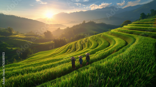 The Farmer planting on the organic paddy rice farmland. Farmers grow rice in the rainy season. They were soaked with water and mud to be prepared for planting. Rice is ripe on terraced fields. Sunrise © Sweetrose official 