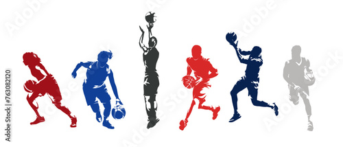 Basketball, group of men and women playing basketball, set of isolated vector silhouettes