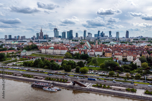 Old Town of Warsaw city with Royal Castle, on the Vistula River bank, Poland