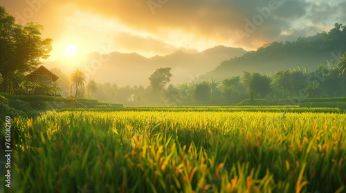 The Farmer planting on the organic paddy rice farmland. Farmers grow rice in the rainy season. They were soaked with water and mud to be prepared for planting. Rice is ripe on terraced fields. Sunrise photo